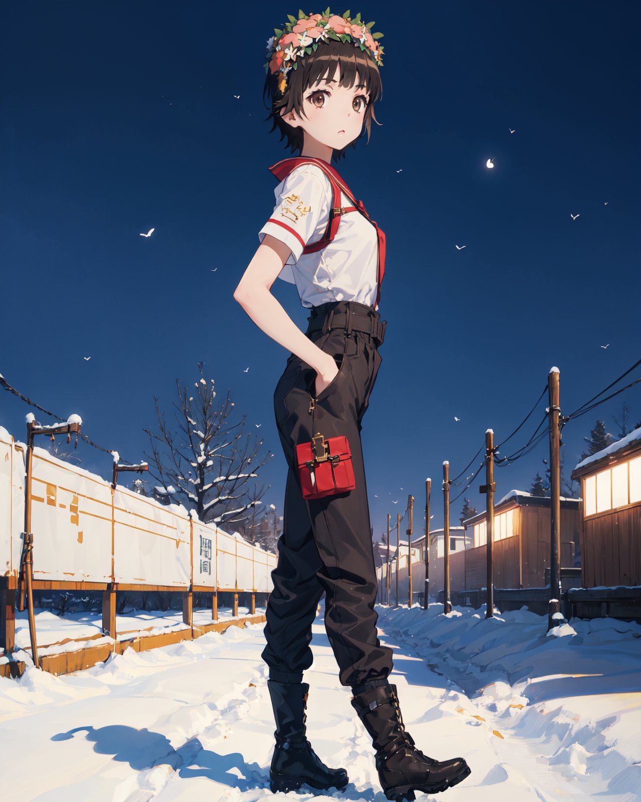 <lora:Uiharu-000007:0.8>,Uiharu CYQL,1girl,looking at viewer,solo,short hair,black hair,brown eyes,head wreath,flower,hair flower,(Industrial-style_jumpsuit:1.4),(Leather_ankle_boots:1.3),(Statement_belt:1.2),(Industrial_workshop_background:1.4),(naughty_face:1.2),(panorama:1.1),from_side,Japanese maples, Snow-covered branches, Winter garden, Tranquil setting, Japanese elegance, Frosty beauty,beautiful detailed sky,beautiful detailed glow,posing in front of a colorful and dynamic background,masterpiece,best quality,beautiful and aesthetic,contrapposto,female focus,wallpaper,