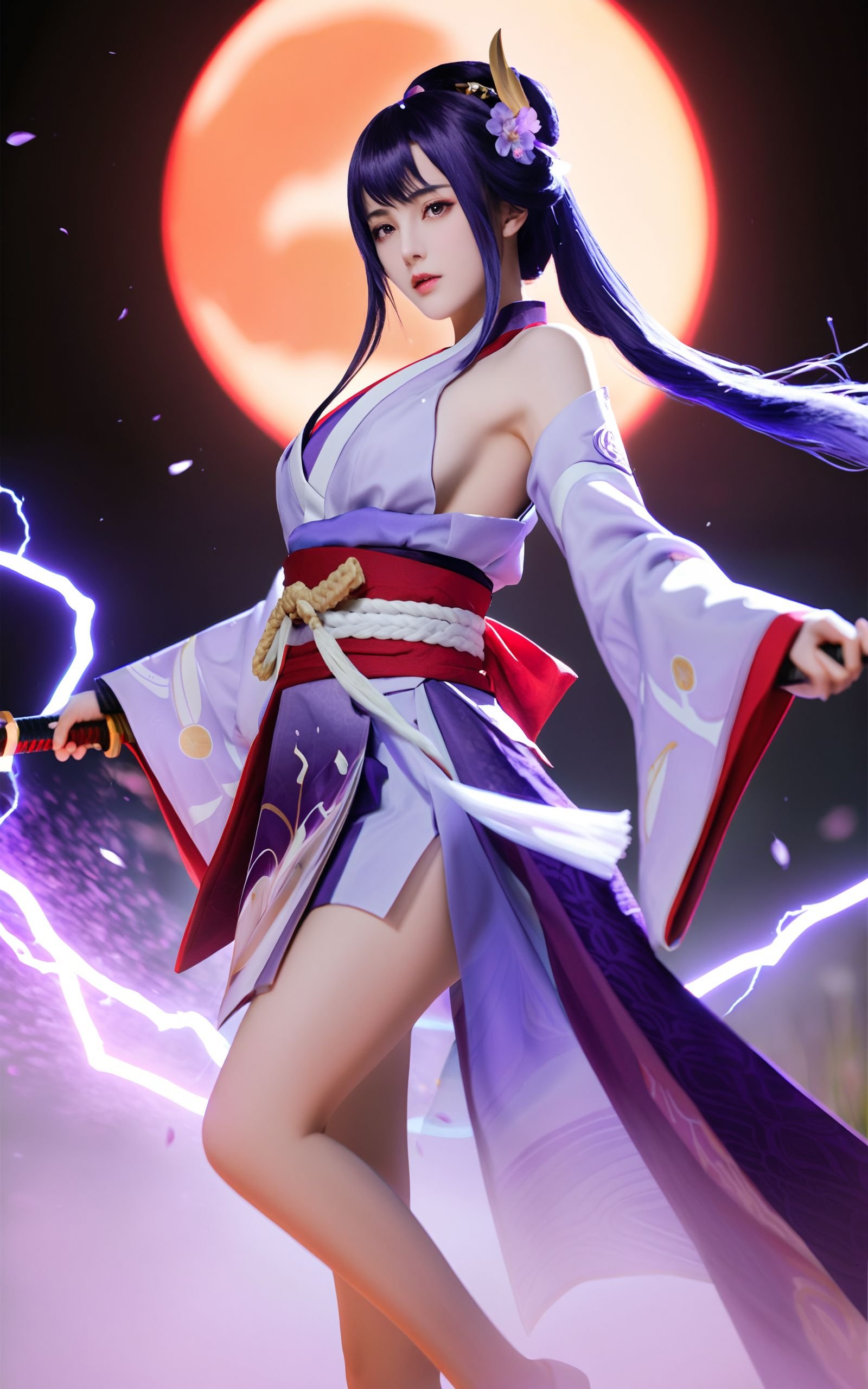 A sexy girl realistic,(Raiden Shogun in Genshin Impact),wearing an off-the-shoulder purple kimono,in her battle pose,epic,cinematic,half body shot,black background,3DCG,3D rendering,realistic,purple lighting,transparent hair,blender,cinematic lighting,soft light,white rim light,high detail,hyper quality,beautiful studio lighting,unreal engine,super detailed,perfect shading,unreal engine,super detailed,32K,8k,raiden shogun_(genshin_impact),raiden shogun (genshin impact),1girl,raiden shogun,human scabbard,breasts,weapon,purple hair,solo,japanese clothes,purple eyes,sword,kimono,musou isshin (genshin impact),long hair,braid,cleavage,hair ornament,moon,holding,holding weapon,sash,holding sword,large breasts,obi,thighhighs,tomoe (symbol),mole,bangs,mitsudomoe (shape),electricity,bridal gauntlets,wide sleeves,mole under eye,drawing sword,flower,purple kimono,cherry blossoms,braided ponytail,night,obijime,thighs,long sleeves,obiage,looking at viewer,parted lips,tassel,armor,ribbon,