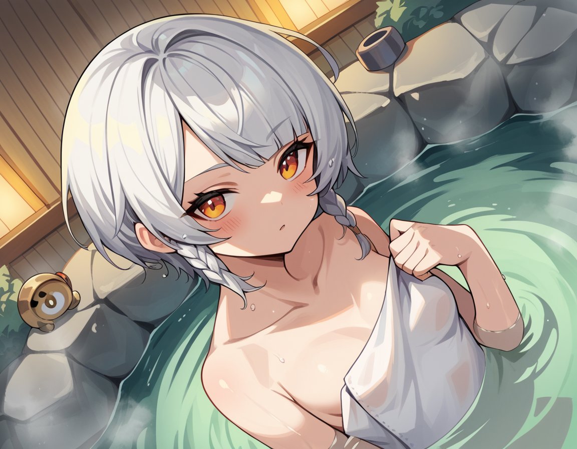 score_9, score_8_up, score_7_up, source_anime, anbydemara, <lora:anby-demara-ponyxl-lora-nochekaiser:1>, anby demara, orange eyes, short hair, white hair,, nude, naked, outdoors, onsen, towel, naked towel, steam, bathing, nude cover, partially submerged, water, bath, steam censor, wet towel, blush, looking at viewer, solo, cowboy shot, dutch angle, small breasts