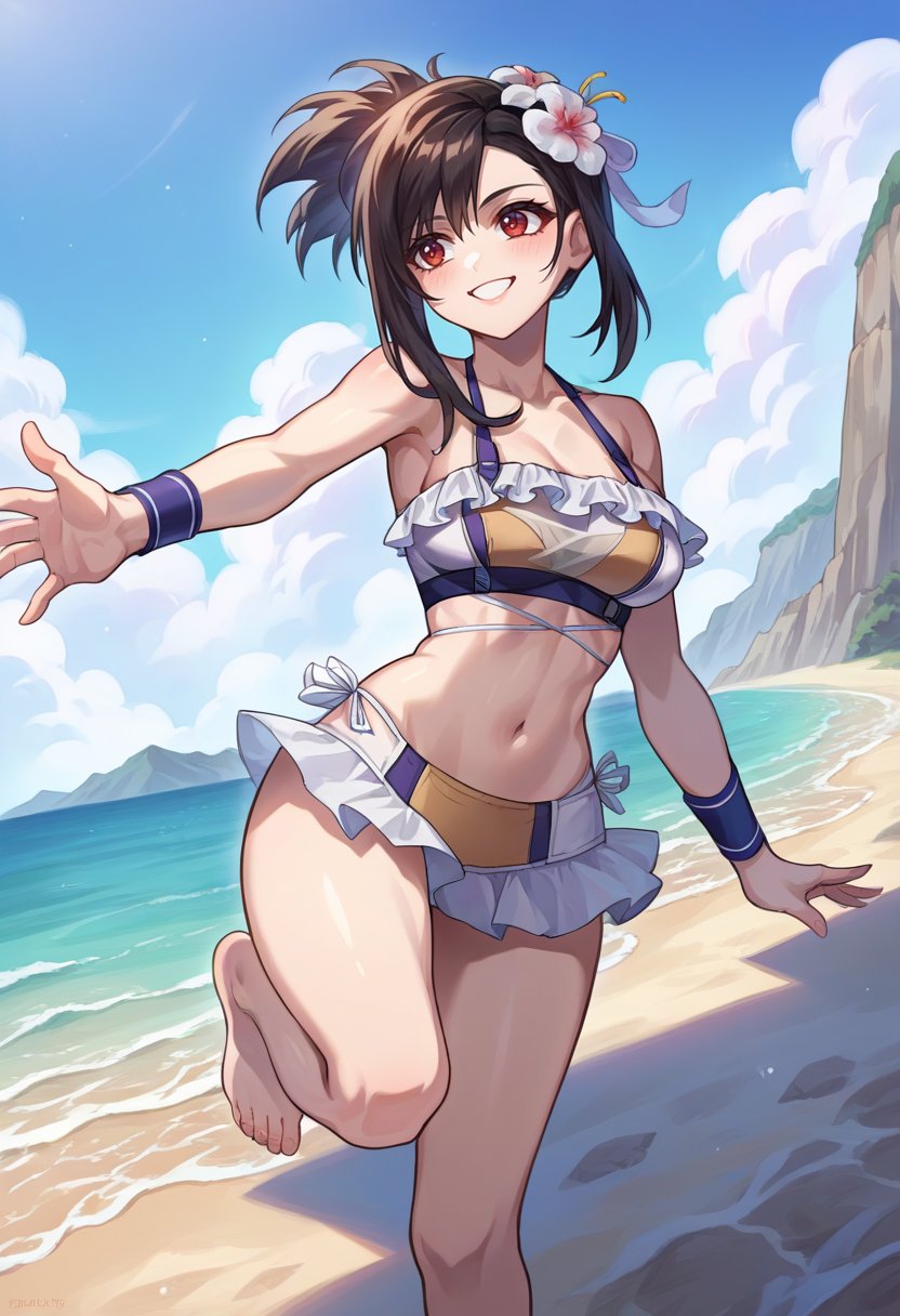 score_9, score_6_up, source_anime, 1girl, solo, beach, island, standing on one leg, tifa_shiningspirit, ponytail, sidelocks, frilled bikini, hair flower, white flower, light smile <lora:tifaXL:1>