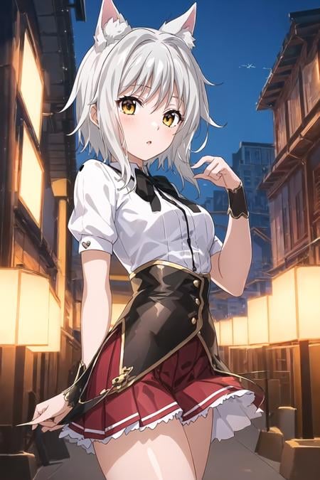 Koneko Toujou (DXD), 1girl, white hair, short hair, konekouniform, school uniform, white shirt, skirt, red skirt, black ribbon, black corset, 1girl, clear image:1, (correct anatomy:1.2), (best quality:1.2), best illumination, (best shadow:1.1), highres, (ray tracing:1), reflected light, (high detail clothes:1.3), ((illustration:1.1)), ((masterpiece)), (((best quality))), ((beautiful detailed eyes)), (extremely detailed CG unity 8k wallpaper:1), ((ultra-detailed:1)), colorful, wallpaper, (perfect artwork:1), (beautiful face:1), pure face, Detailed background, (detailed hands, five fingers), beautiful facial features,