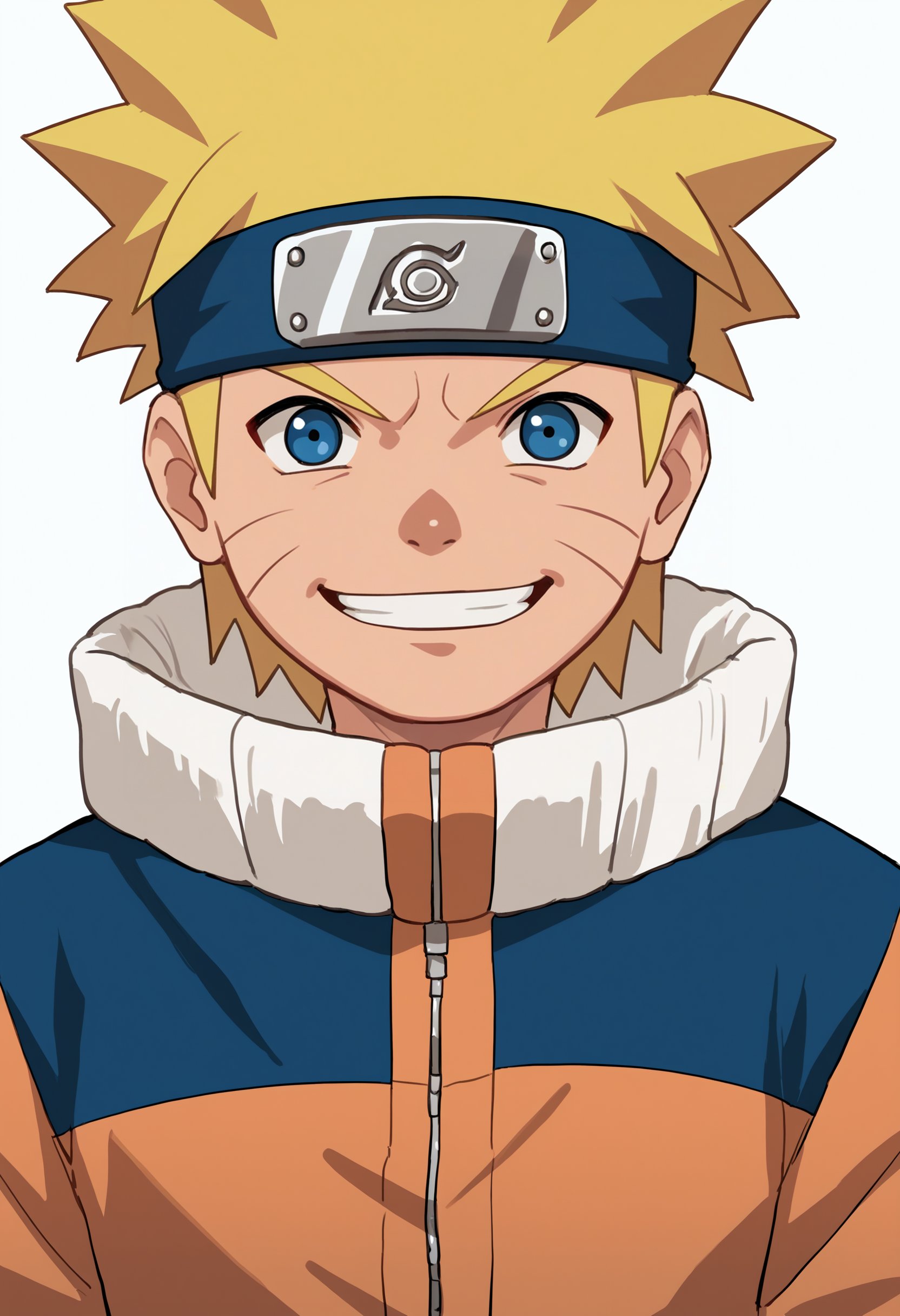 score_9, score_8_up, score_7_up, score_6_up, score_5_up, score_4_up, BREAK, source_anime,1boy, uzumaki naruto, blonde hair, spiked hair, blue eyes, whisker markings, facial mark, forehead protector, jumpsuit,smile, upper body, looking at viewer, solo, simple background, white background <lora:NarutoGeninXL:1>