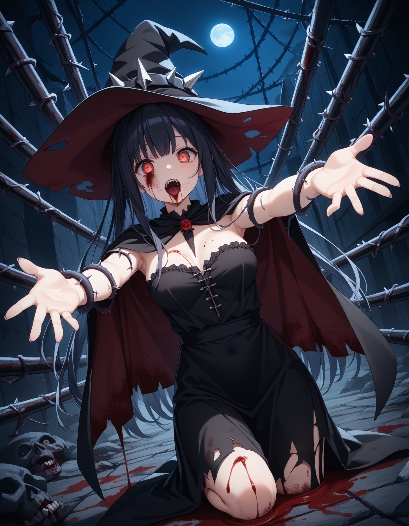 masterpiece,best_quality,BREAK1girl,witch,blood_on_clothes, reaching_towards_viewer, underground,thorns,night,BREAKhorror_\(theme\), gore