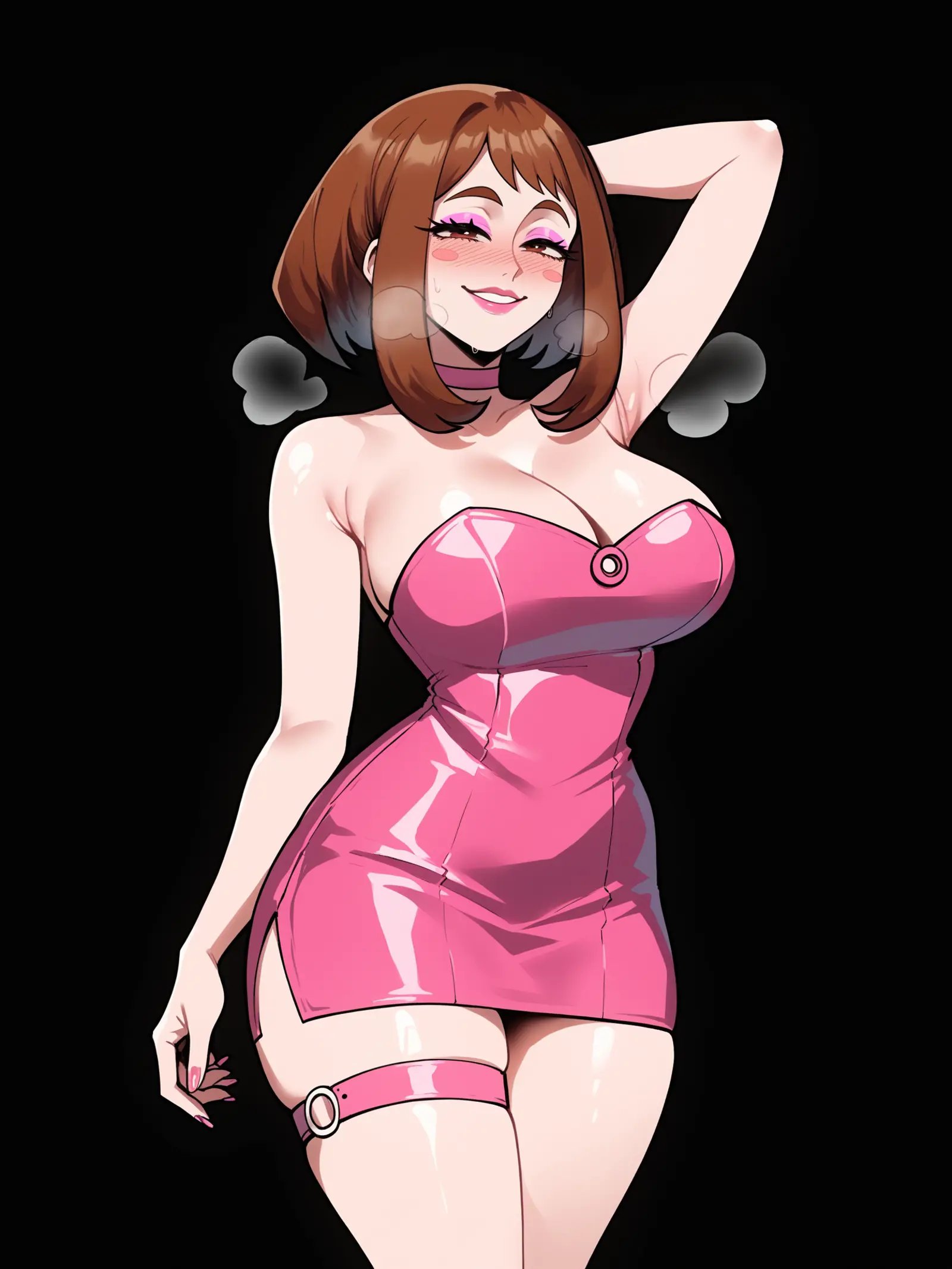 score_9, score_8_up, score_7_up, score_6_up, score_5_up, score_4_up,BREAK1girl, uraraka ochako, brown hair, brown eyes, long eyelashes, half-closed eyes, naughty face, seductive smile, pink lips, pink eyeshadow, black eyeliner, blush, nose blush, heavy breathing,BREAKsolo, standing, huge breasts, skinny, thigh gap, pink latex short dress, pink choker, strapless, sleeveless, arched back, arm up, armpit, collared dress, pink thigh strap,BREAKblack background, simple background, <lora:Lunas-Nyantcha-Thiccwithaq-SDXL-A1:1>