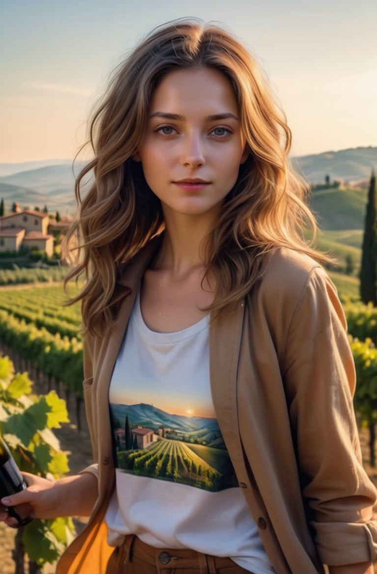 masterpiece of photorealism, photorealistic highly detailed 8k photography, best hyperrealistic quality, volumetric lighting and shadows, wavy hair light brown hair young woman in casual clothes, Sunrise over Tuscany Vineyards full of busy people, Aerial Hyperlapse of a Changing Landscape