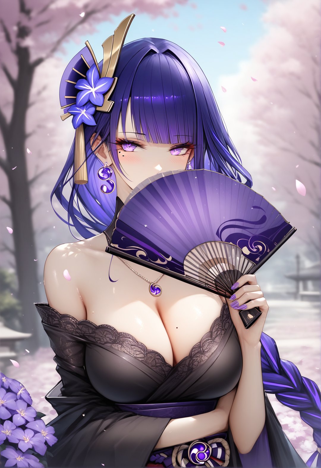 score_9, score_8_up, score_7_up, score_6_up, source_anime, <lora:RLI 0.2v:1>, RLI,1girl, raiden shogun, hair ornament, solo, mole under eye, breasts, purple eyes, flower, purple hair, hand fan, hair flower, jewelry, mole, long hair, earrings, holding, looking at viewer, purple nails, upper body, cleavage, bangs, holding fan, large breasts, petals, nail polish, butterfly, purple flower, folding fan, blurry, necklace, braid, covering mouth, dress, blurry background, falling petals, blush, blunt bangs, alternate costume, black dress, trees, outdoors, wind, light particles, 