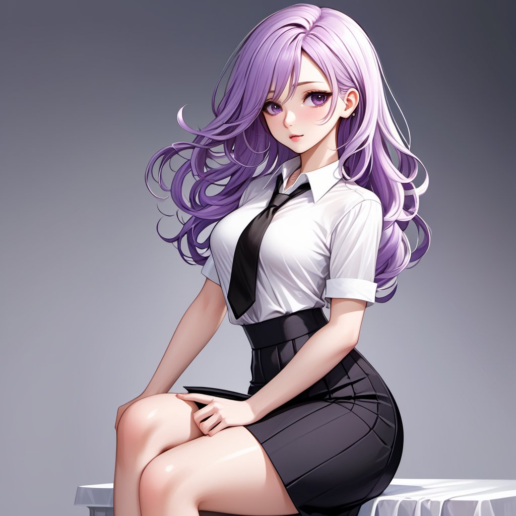 Masterpiece,  high quality, 1 pretty,  lovely girl,  white skin,  light purple hair,  shoulder-length hair,  light curls,  wearing a white shirt and a long black pencil skirt,  (((hopeless)))),  Super Detail,  Full HD