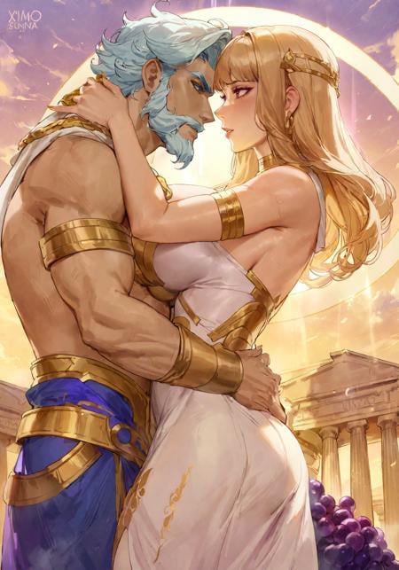 kuroi suna, kittew, xilmo, masterpiece, best quality, ancient greece, 1boy, 1girl, hetero, zeus, athena, hugging, eye contact, romantic, grapes, greek clothes, greek columns, armor, dress, manly, large breasts, romantic, light rays, mount olympus