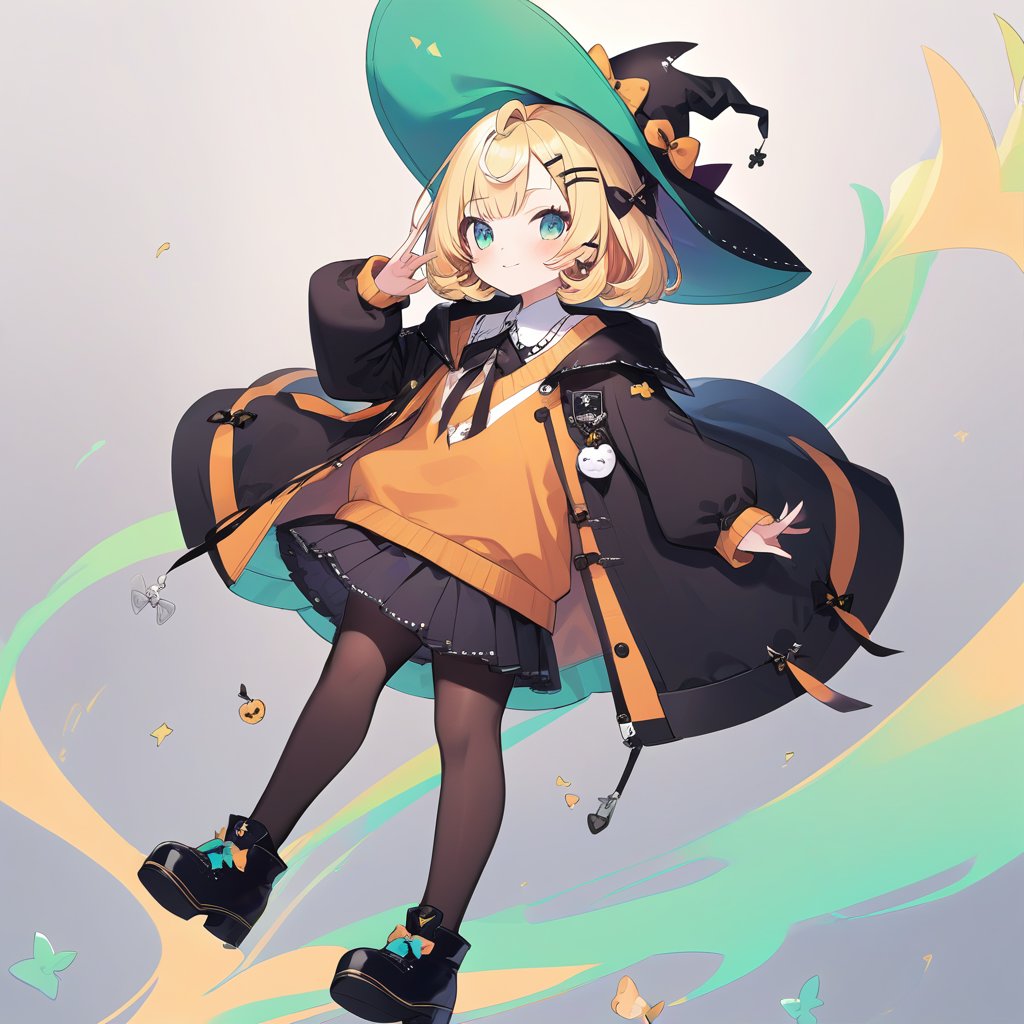 millie_parfait, blond hair, short hair, hairpin, big witch hat, green hats lining, black jacket, orange sweater, black skirt, black pantyhose, black footwear, orange bow<lora:EMS-390871-EMS:0.500000>