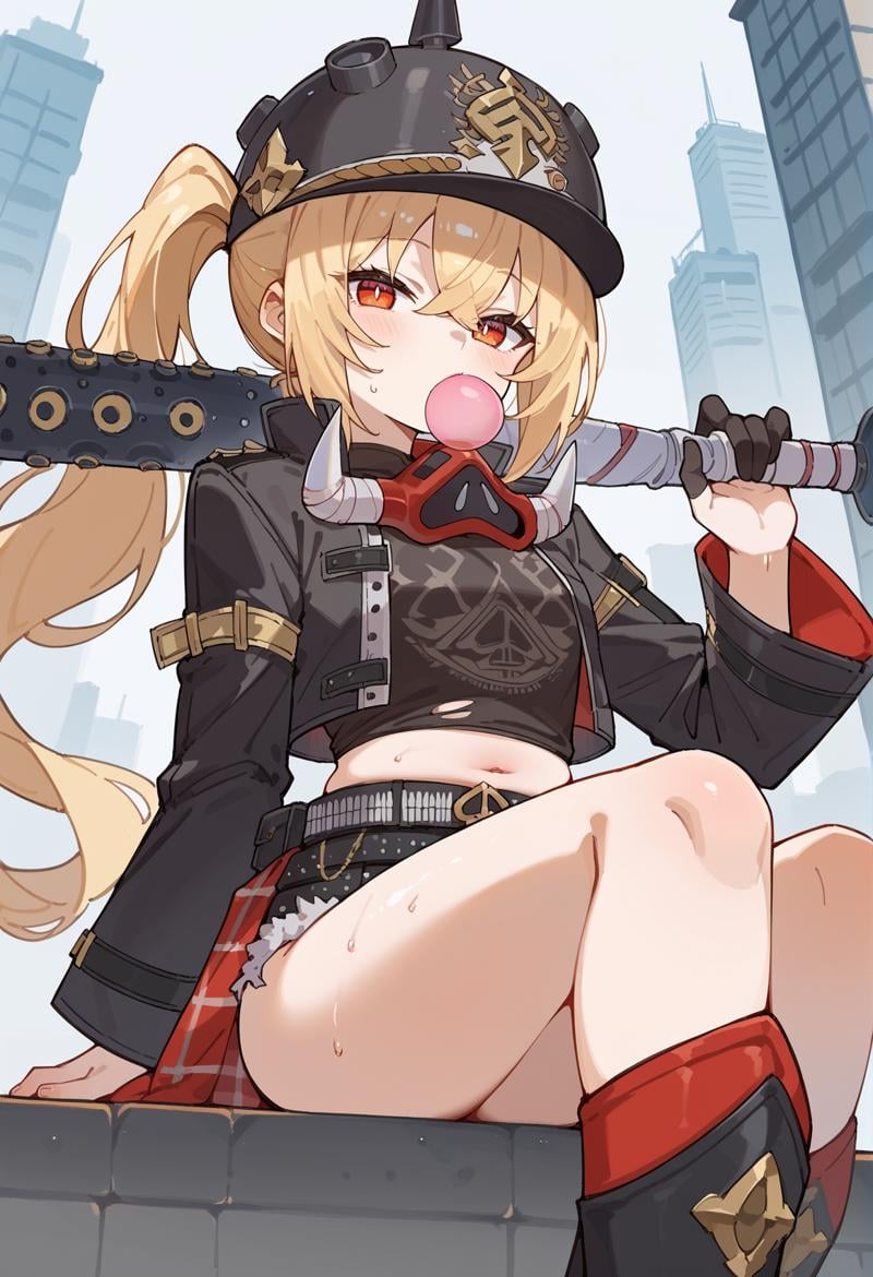 1girl, long hair, side ponytail, blonde hair, red eyes, jewelry, helmet, tank top, jacket, Mask Around Neck, belt, shorts, boots, waist cape, baseball batlooking at viewer, chewing gum, sweat, outdoors, city   <lora:Lucy_ZZZ:1>, score_9, score_8_up, score_7_up, score_6_up, score_5_up, score_4_up, BREAK source_anime, masterpiece