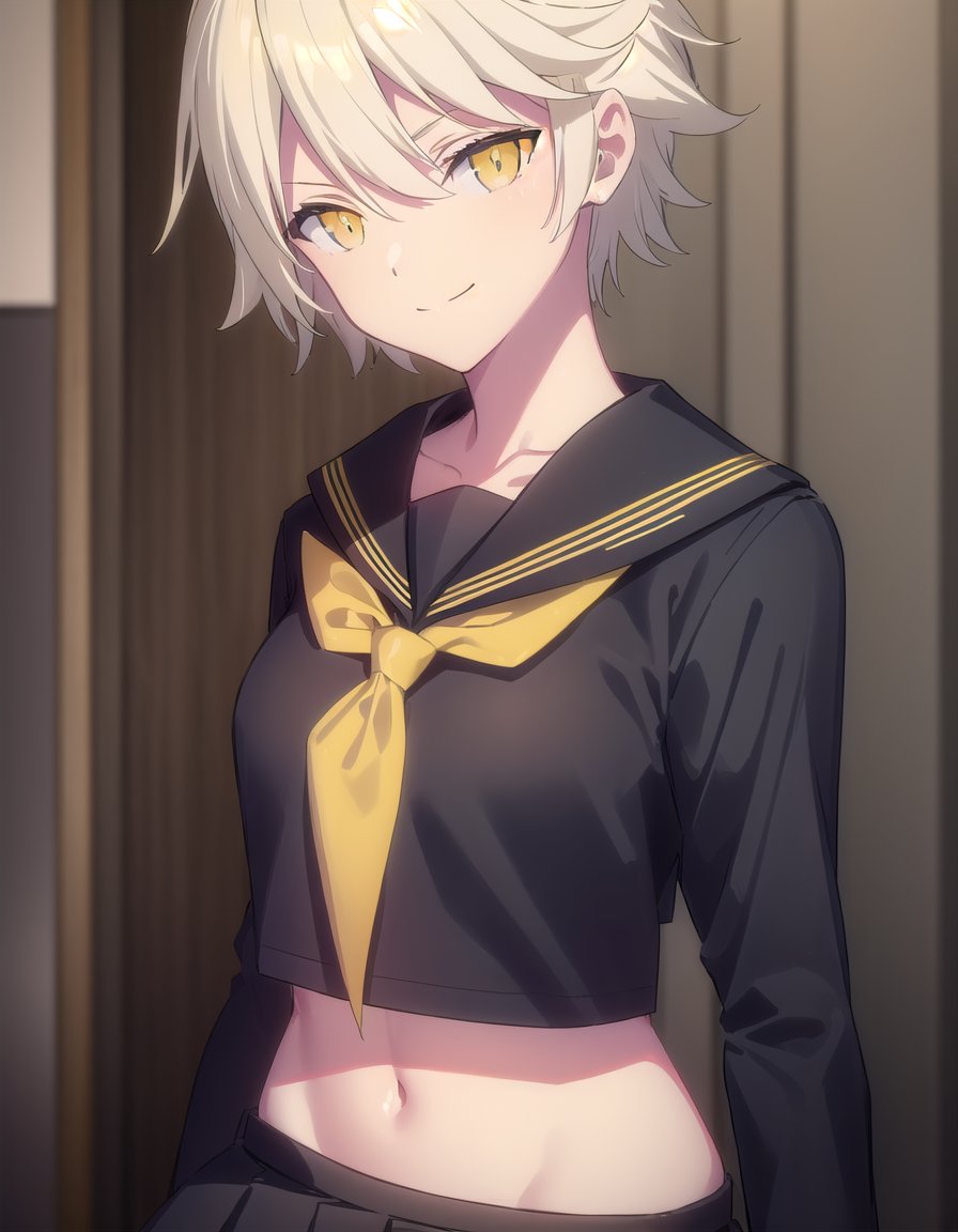 skmiyabi, <lora:sk miyabi s1-lora-nochekaiser:1>,miyabi, bangs, hair between eyes, (yellow eyes:1.3), white hair,BREAK skirt, shirt, long sleeves, navel, school uniform, pantyhose, pleated skirt, necktie, serafuku, midriff, black skirt, sailor collar, black shirt, black sailor collar, (black serafuku:1.2),BREAK indoors, classroom,BREAK looking at viewer, (cowboy shot:1.5), smile,BREAK <lyco:GoodHands-beta2:1>, (masterpiece:1.2), best quality, high resolution, unity 8k wallpaper, (illustration:0.8), (beautiful detailed eyes:1.6), extremely detailed face, perfect lighting, extremely detailed CG, (perfect hands, perfect anatomy),