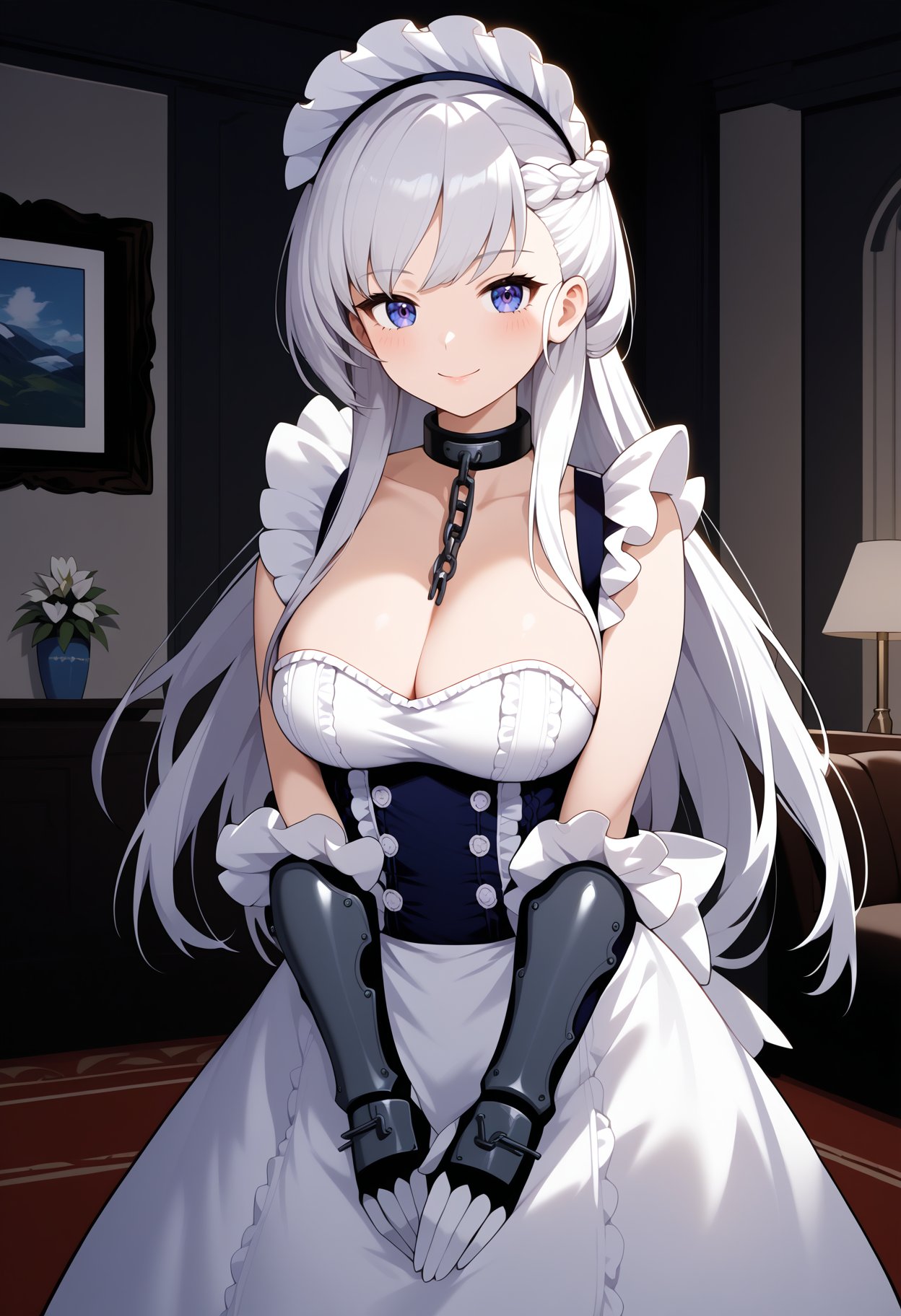 score_9, score_8_up, score_7_up, score_6_up, score_5_up, score_4_up, source_anime, aabelfast, long hair, french braid, maid headdress, collar, chain, collarbone, cleavage, frills, maid, sleeveless, gauntlets, elbow gloves, white gloves, waist apron, white apron, <lora:belfast_(azur_lane)_ponyxl_1:0.9>, standing, cowboy shot, indoors, smile, v arms, 