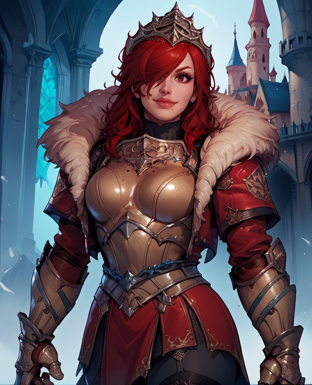 score_9,score_8_up,score_7_up,hildexl,red hair,lips,hair over one eye,red eyes,mole under mouth,armor,gauntlets,fur trim,breastplate,thighhighs,red coat,head crown,looking at viewer,light smile,standing,    european castle,<lora:HildeSC6XL-10:0.8>,