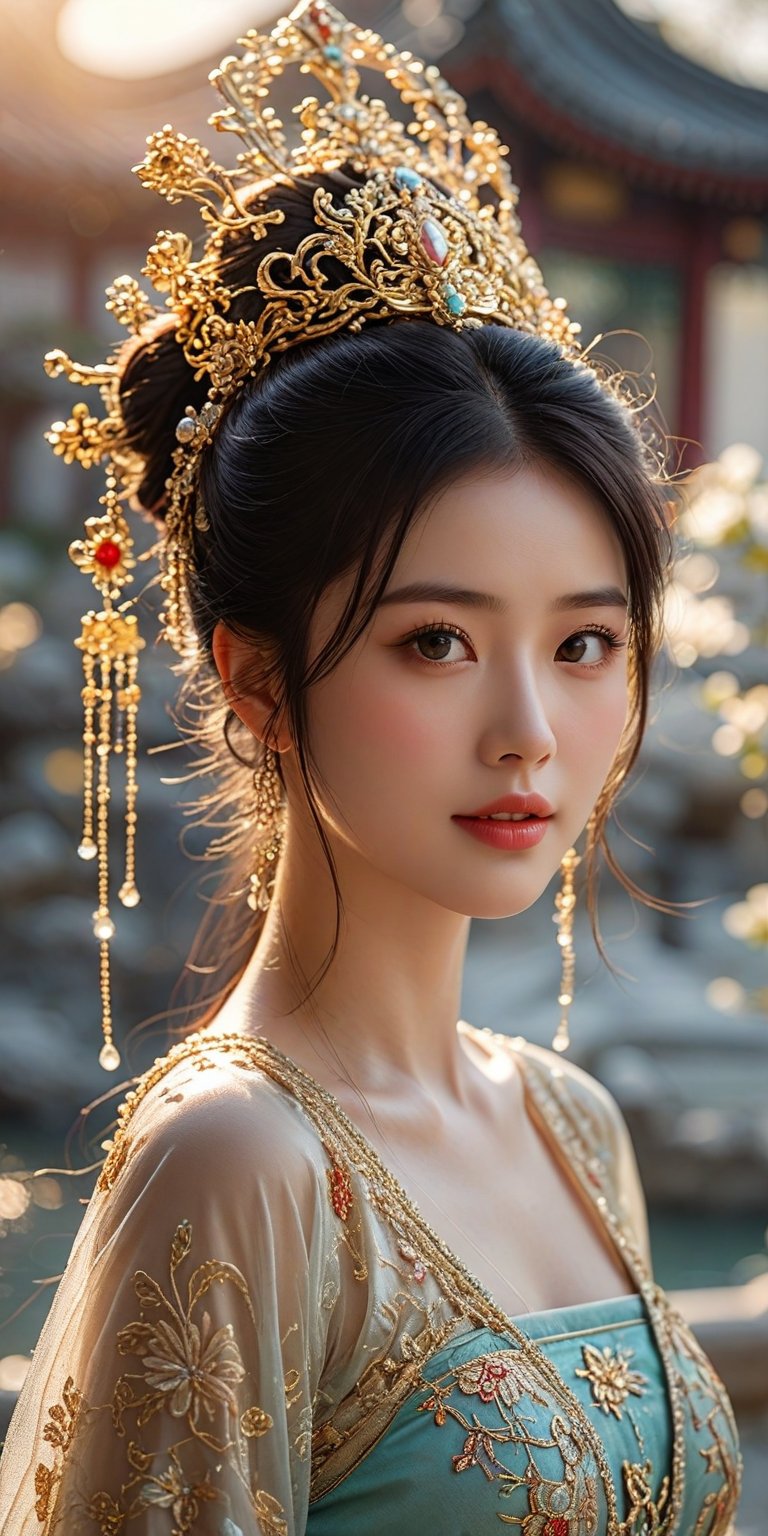 exmasterpiece,best_quality,ultra_detailed,photorealistic,cinematic_lighting,realistic,bokeh,high-end fashion photoshoot,a beautiful chinese girl,leogirl,young,collarbone,(((cleavage))),large breasts,aqua eyes,seductive smile,upper_body shot,hanfu,real skin texture,