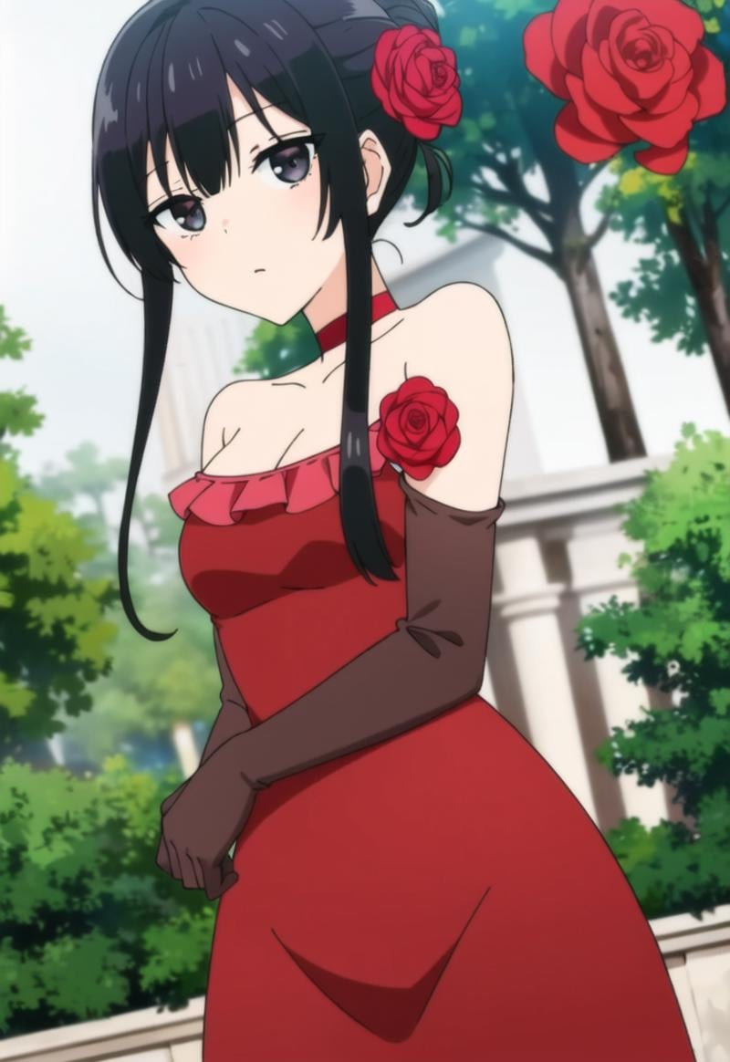 best quality, masterpiece, extremely detailed, 1girl,solo,<lora:YumiellaDolkness-v1:0.7>,(yumielladolkness,black_hair,long_hair,black_eyes,:1.0),(red_formal_dress,sidelock,chignon,red_rose,cleavage,brown_glove,red_choker,:1.0),