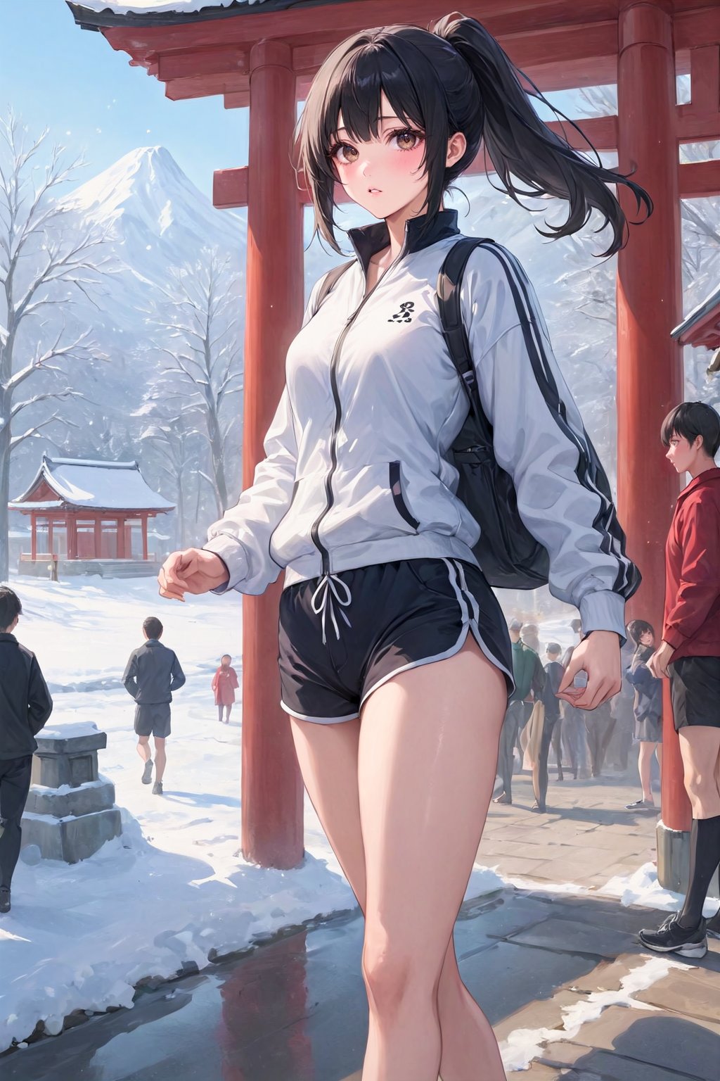 5boys, 5girls, black hair, day, multiple boys, multiple girls, original, otsu natsu, outdoors, ponytail, rice paddy, running, scenery, short shorts, shorts, shrine, snow, sportswear, torii, track and field, track suit, basement, best quality, amazing quality, very aesthetic, incredibly absurdres, (best quality, 4k, 8k, highres, masterpiece, absurd, raytracing:1.2), absurdres, very aesthetic, (perfect hands, perfect anatomy), The highest image quality, excellent detail, ultra-high resolution, best illustration, attention to detail, detailed hands, expressive eyes, detailed eyes, detailed face, highly detailed