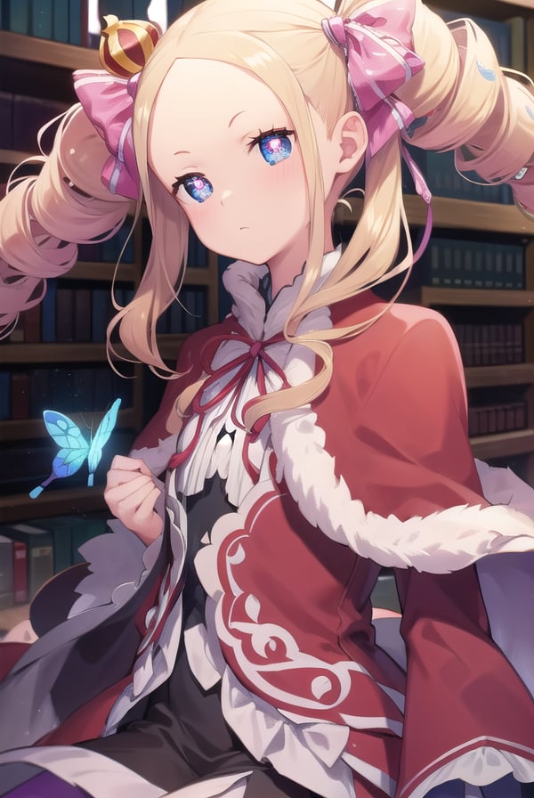 beatrice, <lora:beatrice-lora-nochekaiser:1>,beatrice, blonde hair, blue eyes, (butterfly-shaped pupils:1.5), drill hair, long hair, parted bangs, (forehead:1.5), symbol-shaped pupils, twin drills, sidelocks,BREAK bow, capelet, crown, dress, frilled bow, frills, fur trim, fur-trimmed capelet, long dress, long sleeves, mini crown, pantyhose, red capelet, sleeves past wrists, striped, striped pantyhose,BREAK looking at viewer, full body,BREAK indoors, library,BREAK <lyco:GoodHands-beta2:1>, (masterpiece:1.2), best quality, high resolution, unity 8k wallpaper, (illustration:0.8), (beautiful detailed eyes:1.6), extremely detailed face, perfect lighting, extremely detailed CG, (perfect hands, perfect anatomy),