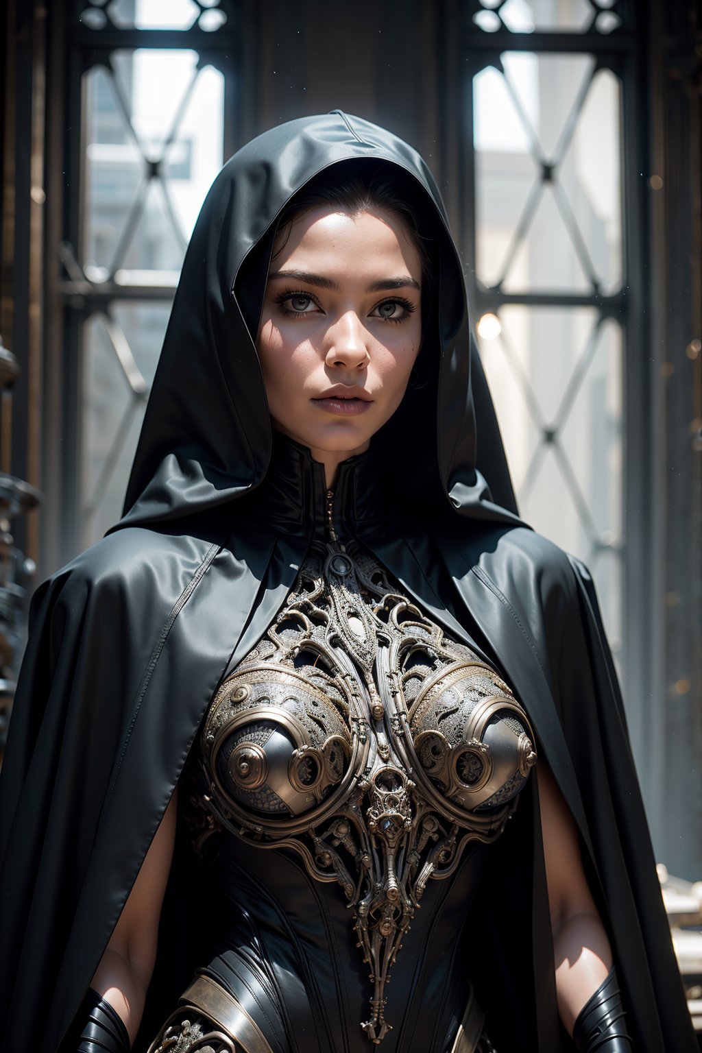 a close up of a statue of a woman wearing a veil, still from avengers endgame, biomechanical dress, wearing a luxurious cloak, cinematic woman, african female android, sexy gown, black leather robes! intricate, bone dress, intricate fine lines, by Nathaniel Hone, vril