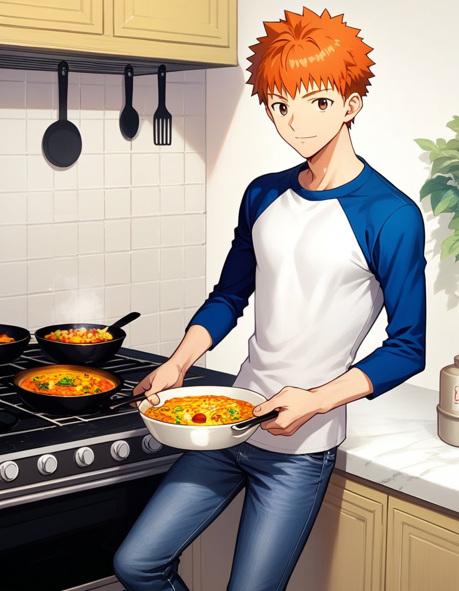 score_9, score_8, score_7, source_anime,rating_safe,1boy, solo, looking at viewer, light smile, emiya shirou, fate/stay night, brown eyes, orange hair, white shirt, long sleeves, blue sleeves, raglan sleeves, jeans, cooking, kitchen