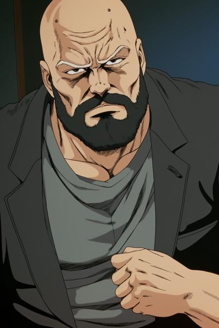 closeup of a bald man with a beard wearing a dark gray business suit, wearing a black shirt, in an office HNKstyle<lora:HNKstyle-000001:0.7>