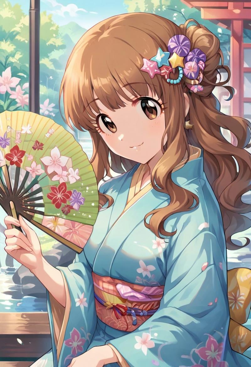 score_9, score_8_up, score_7_up, source_anime,moroboshi kirari, brown hair, brown eyes, long hair, japanese clothes, kimono, hair ornament, , star hair ornament, hand fan, flower, smile, solo focus