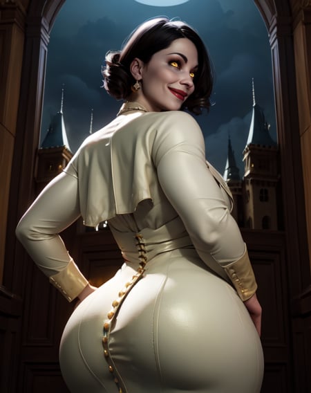 Alcina,yellow eyes,black hair,short hair,white dress,single earring,from from behind,ass,looking back,smile,upper body,standing,curvy,from below,castle,indoors,night,looking at viewer,smile,(insanely detailed, beautiful detailed face, beautiful detailed eyes, masterpiece, best quality),solo,<lora:AlcinaDimitrescu-12:0.8>,