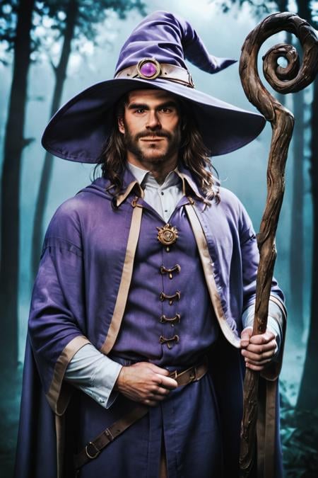 score_9, score_8_up, score_7_up, rating_safe, realistic, 1boy, solo, male focus, mature male, wizard, long hair, brown hair, black eyes, looking at viewer, hat, facial hair, beard, mustache, staff, wizard hat, purple hat, shirt, collared shirt, robe, purple robe, cloak, holding, holding staff, upper body, standing, outdoors, forest, nature, tree, fog, dark background <lora:Photo Style LoRA XL:1>