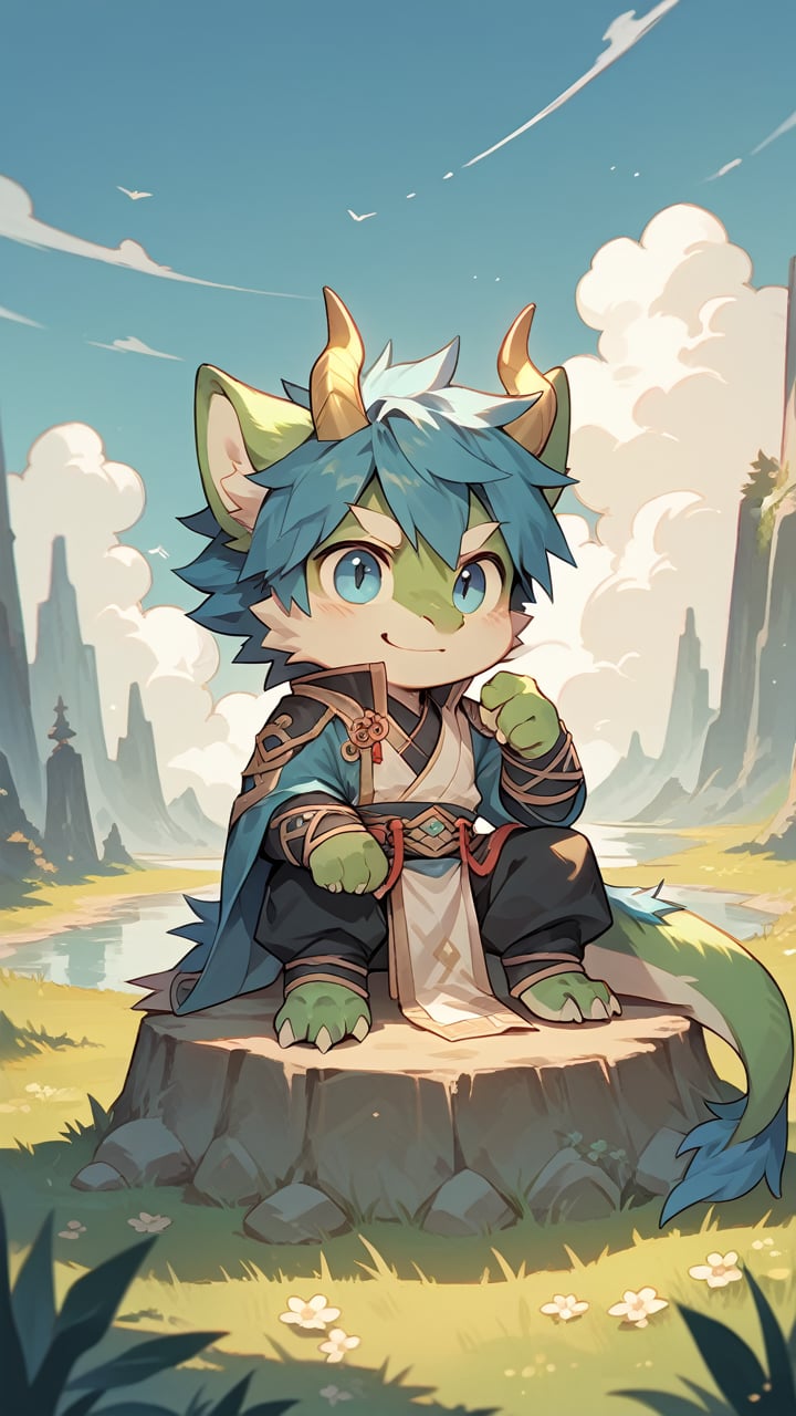 score_9,score_8_up,score_7_up,score_6_up,score_5_up,score_4_up,source_furry,han fu,male,chibi,cute,green body,Blue tip,golden horn,Blue hair,smile,dragon,golden eyebrows,sitting,blue eyes,standing,outdoors,sky,grass,tuft,digitigrade,tail_ring,green fur,digital media (artwork),Black pants,<lora:Hanfu_XL_Pony_4-000013:0.8>,