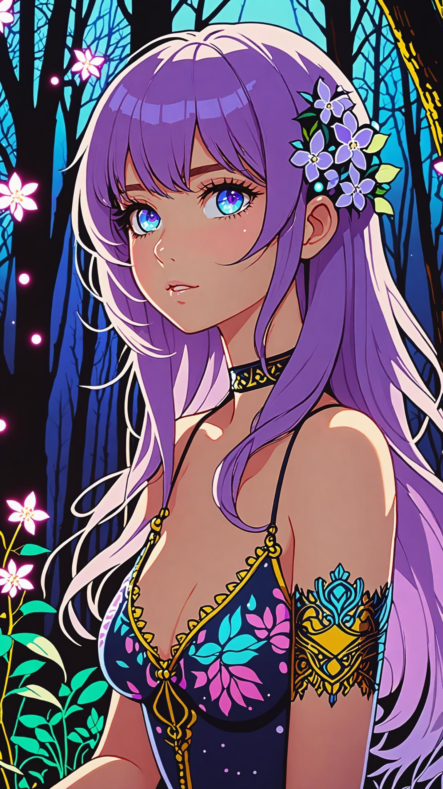 extremely detailed, light particles floating, kneeling in the forest watching spirits, eerie aura, chromatic aberration, colorful forest lights during night time, oily skin, dynamic angle, colorful glowing flowers, night, hair ornament, intricate clothing, sexy, high definition photo, ultra detailed skin, ultra detailed face, small skin imperfections, 1girl, Side-swept bangs, small boobs, flat chest, Curvy body, blue eyes, Lilac hair