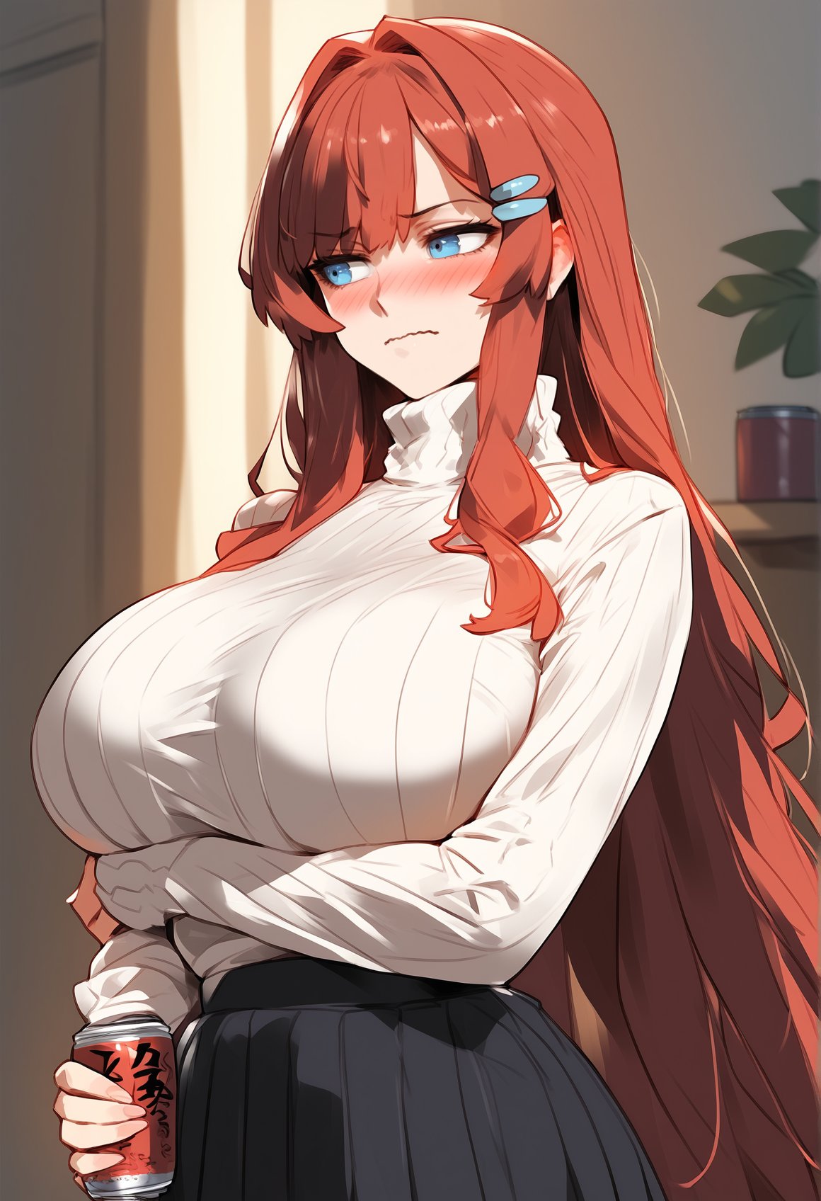 score_9, score_8_up, score_7_up, score_6_up, source_anime, <lora:CYR 0.1v:1>,1girl, blue eyes, red hair, breasts, full-face blush, white sweater, turtleneck sweater, turtleneck, holding can, sweater, indoors, room, can, large breasts, straight hair,  bangs, looking to the side, embarrassed, wavy mouth, hair ornament, very long hair, long sleeves, closed mouth, arm under breasts, holding, black skirt, hairclip, upper body, sleeves past wrists, pleated skirt, 