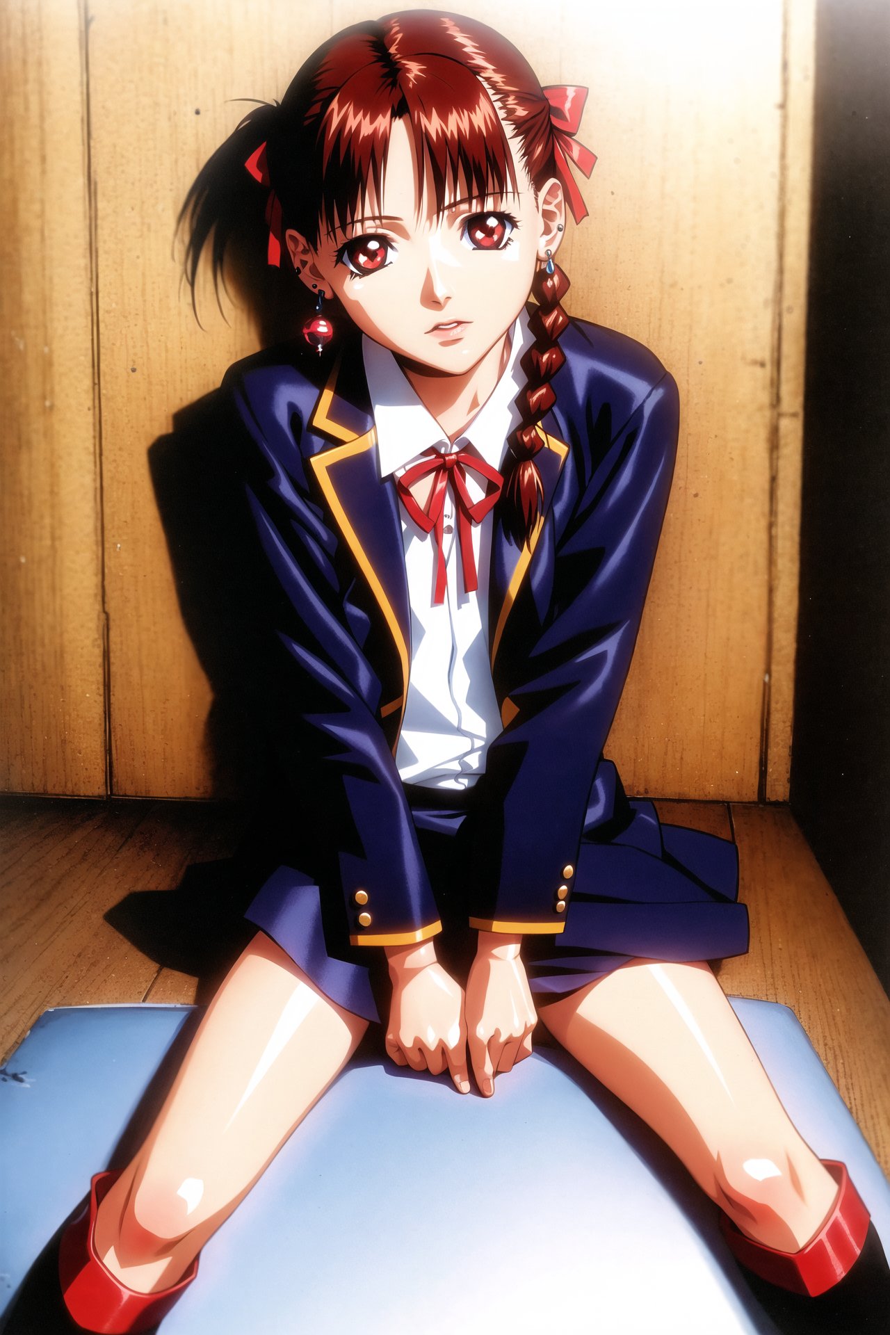 sawa (kite), a kite, 1girl, solo, sitting, spread legs, looking at viewer, short hair, bangs, brown hair, red eyes, ribbon, jewelry, hair ribbon, ponytail, braid, red hair, earrings, single braid