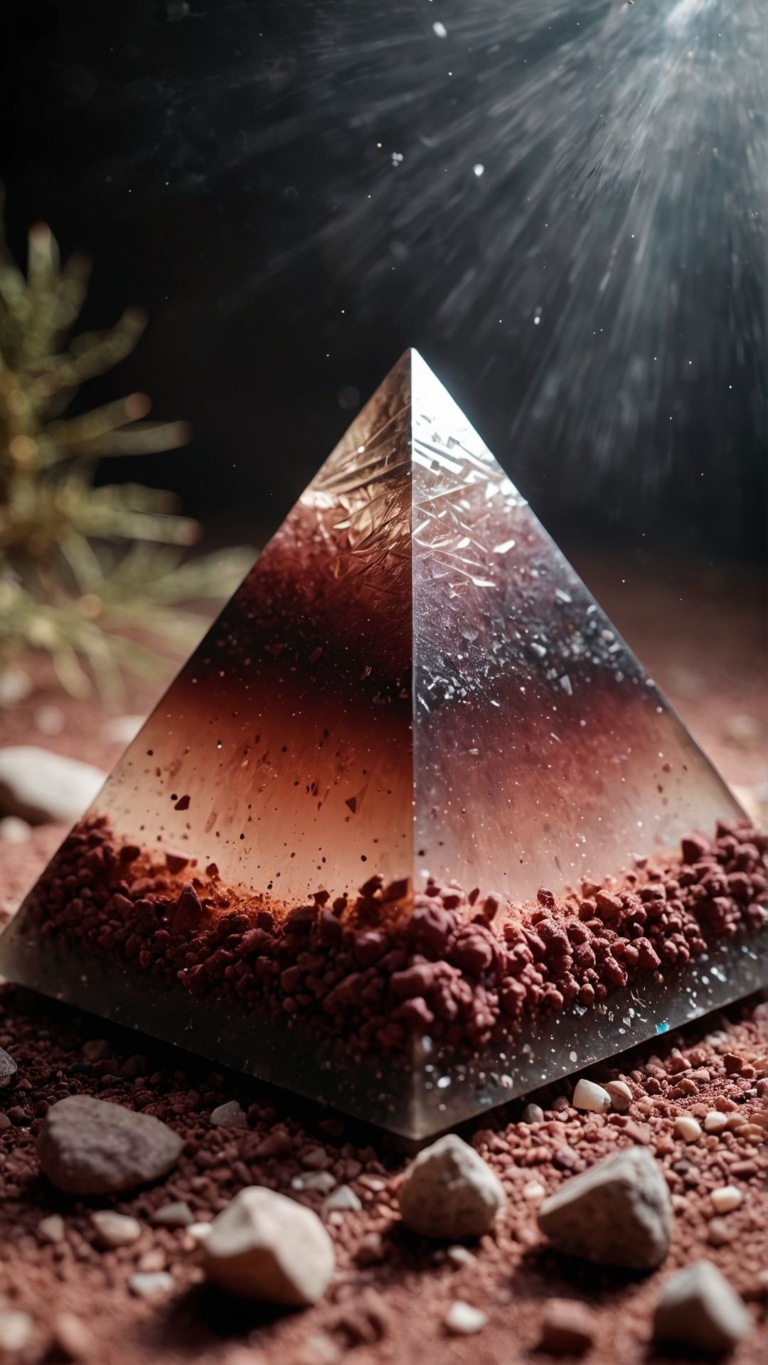 rear angle of a Soft wabi-sabi Crystal pyramid, in focus, Bugcore, Colorless and Maroon dust particles, deep rich colors, rich vivid colors, perfect symmetry, epic atmosphere, great composition, perfect composition, highly detail, surreal, enchanted, beautiful, complimentary colors, beautiful elegant