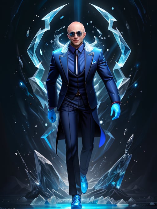 best quality, masterpiece, highres, detailed, digital artwork, <lora:Tools - add_detail:0.2>, IceElementCh, ice, blue theme, ice body,  <lyco:Change - IceElementCh:0.8>, formal, suit, MasanoriV, evil smile, glowing, sunglasses, bald, 1man, <lora:Character - MasanoriV:0.6>