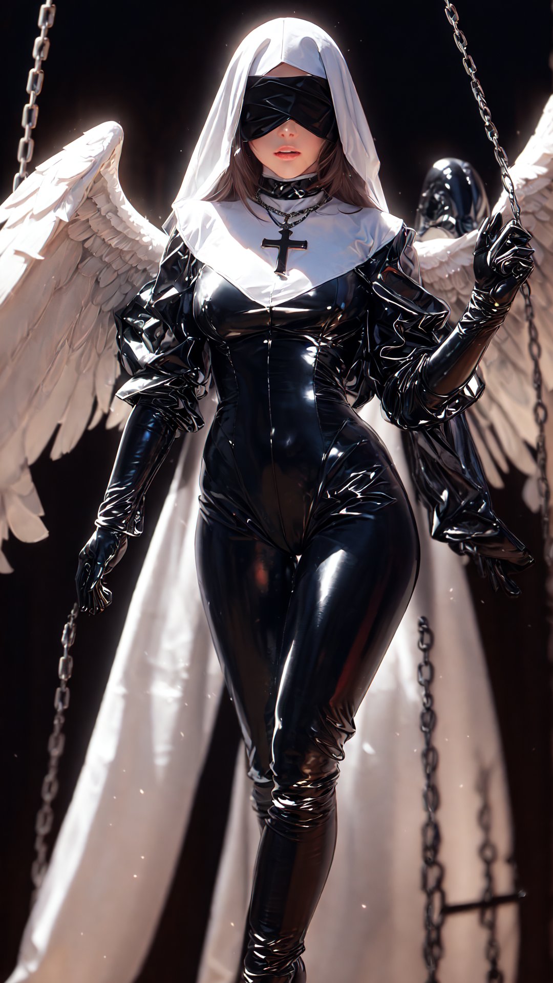 tutututu, (nun),(cross necklace), latex bodysuit, shiny clothes, skin tight, habit, latex gloves, latex legwear, black bodysuit, thigh boots,Epic CG masterpiece, a woman dressed in an angelic outfit in chains, delicate face, hdr,dtm, full ha,8K, ultra detailed graphic tension, dynamic poses, stunning colors, 3D rendering, surrealism, cinematic lighting effects, realism, 00 renderer, super realistic, full - body photos, super vista, super wide Angle, rich details, highest quality, extremely exquisite, Black background1girl, chain, wings, solo, blindfold,  jewelry, veil, choker, ring, own hands together, angel wings, feathered wings, ((covered eyes)),<lora:Angel_20231023144902:0.35> <lora:tutuXV_00002:0.75> 