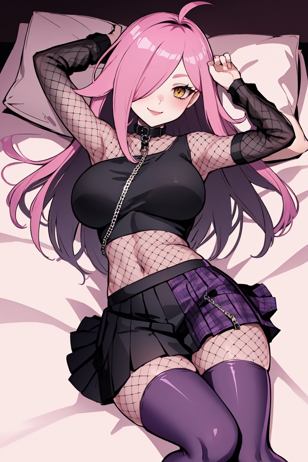 (masterpiece, best quality), NeneEfthyVT, yellow eye, hair covering one eye, long hair, pink hair, ahoge, collar, navel,  (black pads sleeve:1.2), collar with chain, black crop top, (mesh:1.3), purple skirt, black skirt, skirt, square skirt, (two tone skirt:1.3), (half color skirt:1.3), (thight mesh:1.3), ((purple thighhighs:1.3)), black boots, ((solo)), lying on bed, looking at viewer, seductive smile, bedroom  <lora:NeneEfthyVT:0.7>