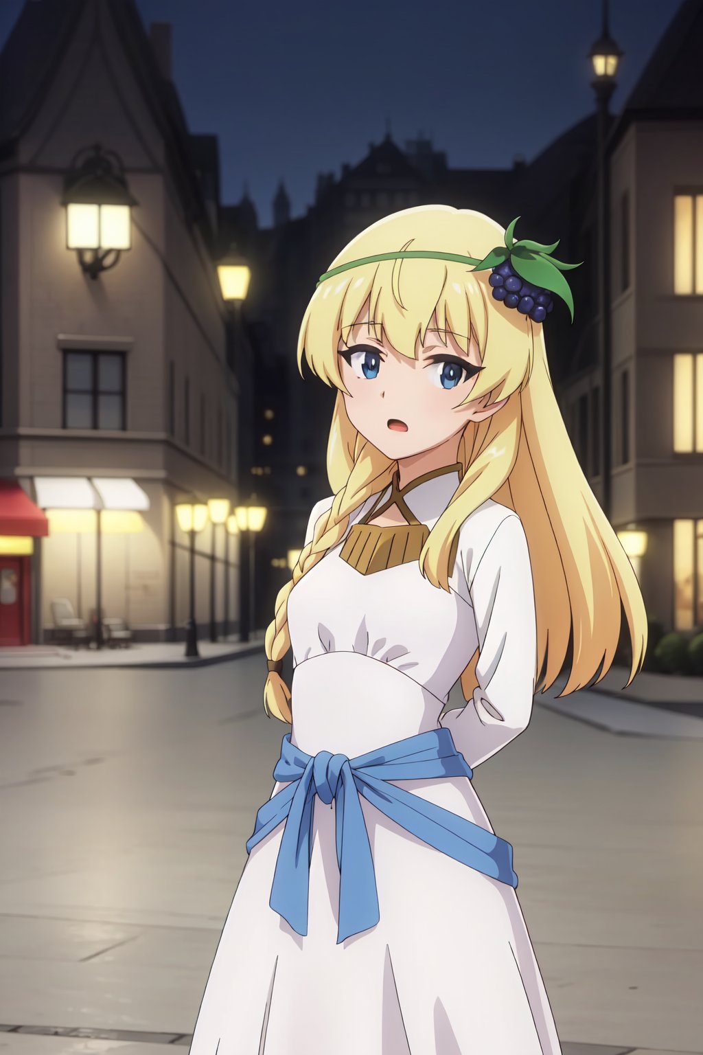 Iris, 8k, high resolution, very high resolution, high definition, masterpiece, 1girl, solo, long hair, looking at viewer, open mouth, blue eyes, blonde hair, hair ornament, long sleeves, dress, standing, braid, outdoors, white dress, blurry, single braid, night, arms behind back, side braid, carpaccio (girls und panzer)<lora:EMS-415403-EMS:0.800000>