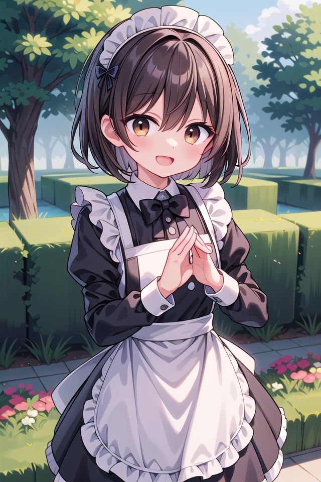 insanely detailed, absurdres, ultra-highres, ultra-detailed, best quality,1girl, solo, nice hands, perfect handsBREAK(cleavage:-1.5),(traditional maid:1.2),apron, blush, bow, bowtie, frilled apron, frills, long sleeves, maid, maid apron, maid headdress, waist apron, white apron,(maid costume, maid hair dress:1.3), long skirtBREAKhappy smile, laugh, open mouthBREAK,standing, cowboy shot, looking at viewerBREAKslender, kawaii, perfect symmetrical face, ultra cute girl, ultra cute face, ultra detailed eyes, ultra detailed hair, ultra cute, ultra beautifulBREAKfantasy world, garden of a castle, depth of field, ultra detailed backgroundBREAKmedium breastsBREAK(brown hair, brown eyes), short bob cut, hair between eyes