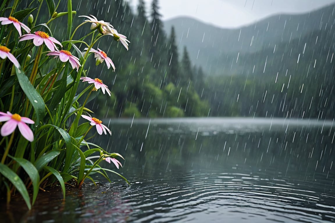Heavy rain falling so much that you can't see in a beautiful landscape of mountains,  lakes,  forests,  and flowers. thick raindrops.Every raindrop that falls on the surface of the lake splashes water.It rains so much that water droplets fall on flowers and trees.Ultra-clear,  Ultra-detailed,  ultra-realistic,  full body shot,  very Distant view,<lora:EMS-74471-EMS:0.400000>,<lora:EMS-57135-EMS:0.400000>,<lora:EMS-24184-EMS:0.800000>