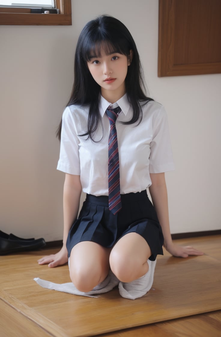 1girl,solo,black hair,necktie,skirt,kneeling,long hair,socks,looking at viewer,black footwear,realistic,school uniform,shirt,white socks,white shirt,shoes,  <lora:美女小姐姐跪着摄影:0.7>