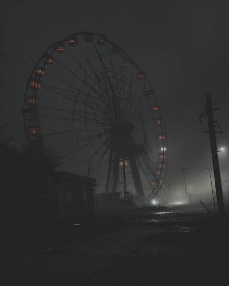 there is an abandoned dark burnt down old fairground with a decrepit ferris wheel with no humans, dark exterior scene, dried up blood on everything, ashes and dust covering everything, mist in the air, hyper realistic, horror environment, rusted silent hill, post grunge concept art, creepy environment, foggy, low-key dark lighting with shadows, extreme wide shot with Sony Fx6 <lora:CineStyle5:0.25> Cinematic <lora:epi_noiseoffset2:0.25> Dim lighting, <lora:foggy_v1.0:0.25>