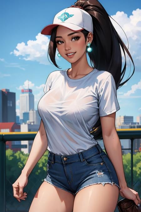 masterpiece, best quality, 1girl,  <lora:valorantsage-nvwls-v1-000009:0.9> valorantSage, ponytail, earrings, large breasts, white t-shirt, looking at viewer, grin, denim shorts, baseball cap, city, blue sky