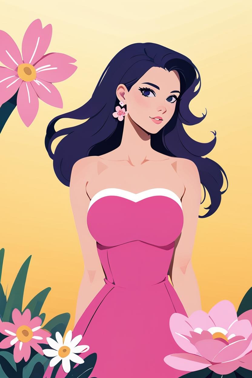 score_9, score_8_up, score_8, (curvy), detailed face, flat color,  BREAK,  1girl, solo, looking at viewer, black hair, dress, bare shoulders, jewelry, flower, earrings, black eyes, gradient, gradient background, strapless, pink dress, strapless dress, yellow background, pink flower, yellow flower, purple flower,   BREAK,  <lora:FlatAnimeP1:1>,