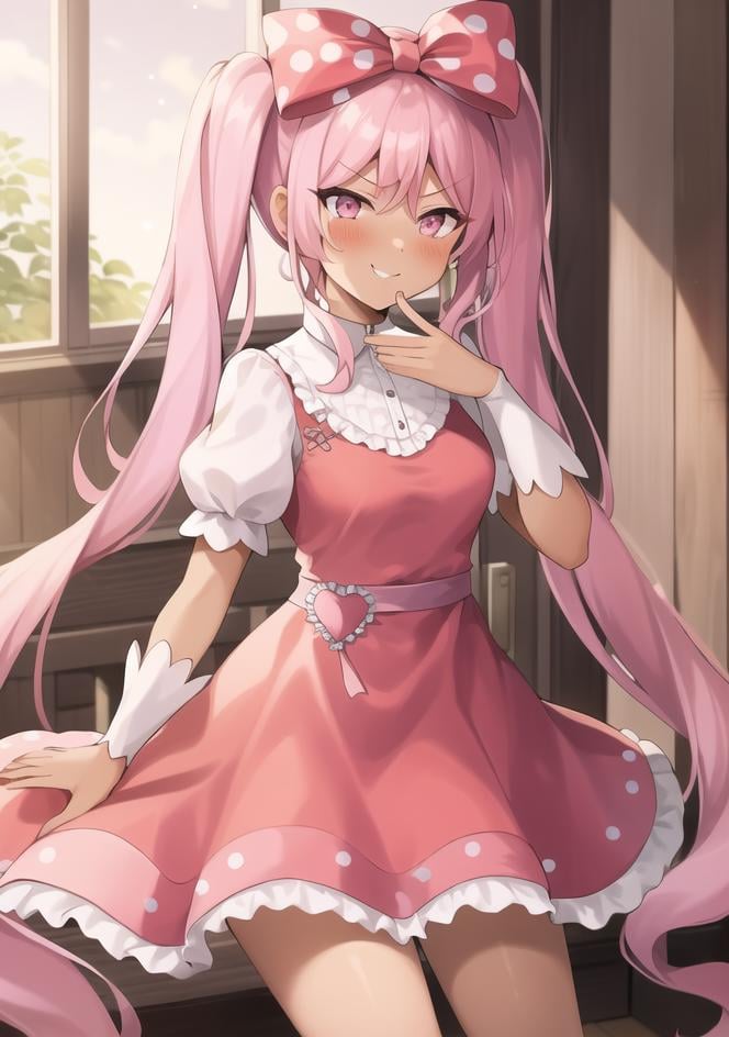 1girl, solo, <lora:SweetheartOmori0:0.95>, sweetheart, pink hair, pink eyes, (twintails), dark skin, (polka dot), (hole), blush, smirk, nude, hair bow, dress, short sleeves, pose, indoors