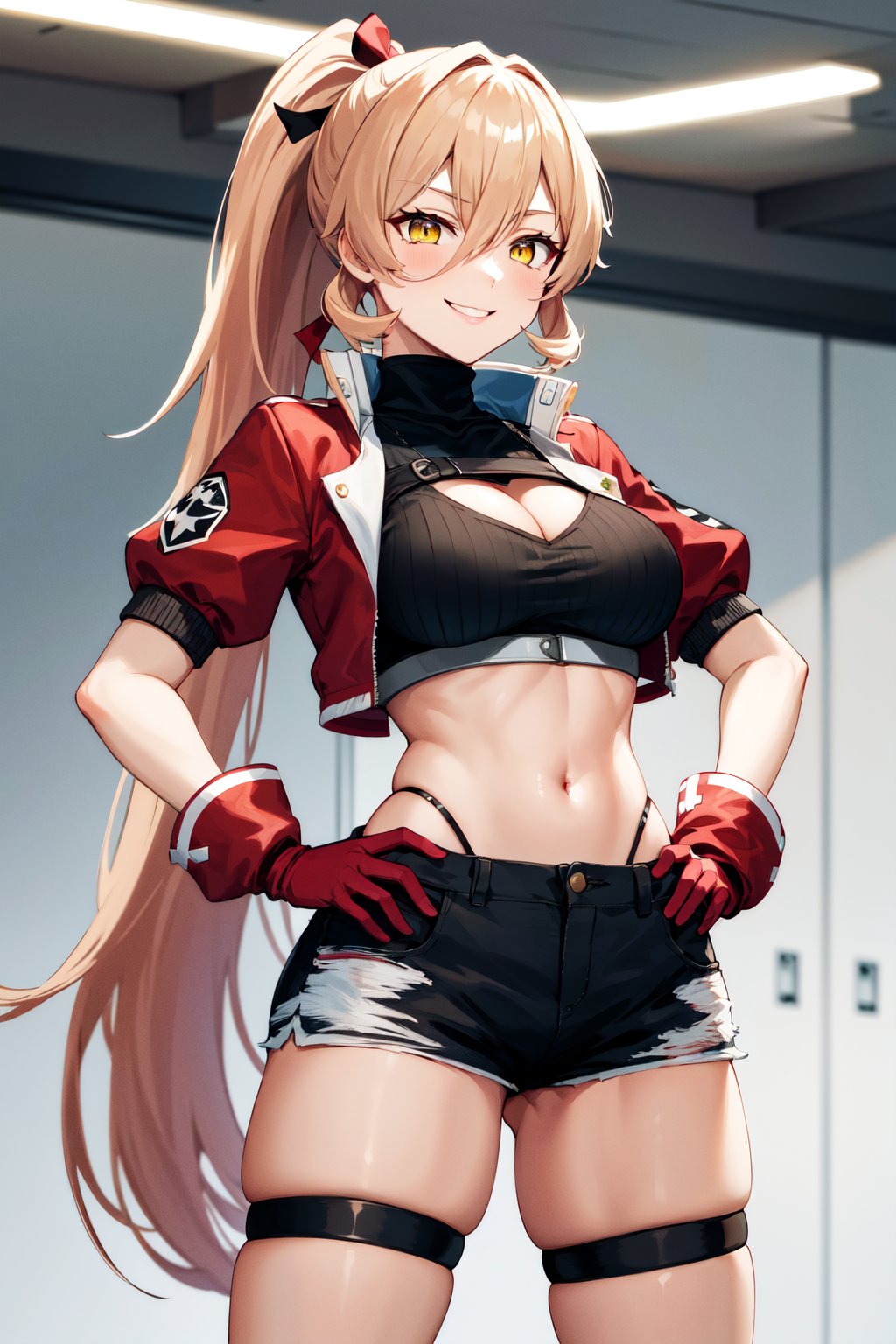 masterpiece, best quality, highres, ccnui, very long hair, blonde hair, ponytail, hair ribbon, hair between eyes, yellow eyes, turtleneck, cleavage cutout, crop top, black shirt, cropped jacket, open jacket, short sleeves, red gloves, black shorts, thigh strap, <lora:nui_sociere_v1:0.7>, indoors, smile, hand on hip, standing