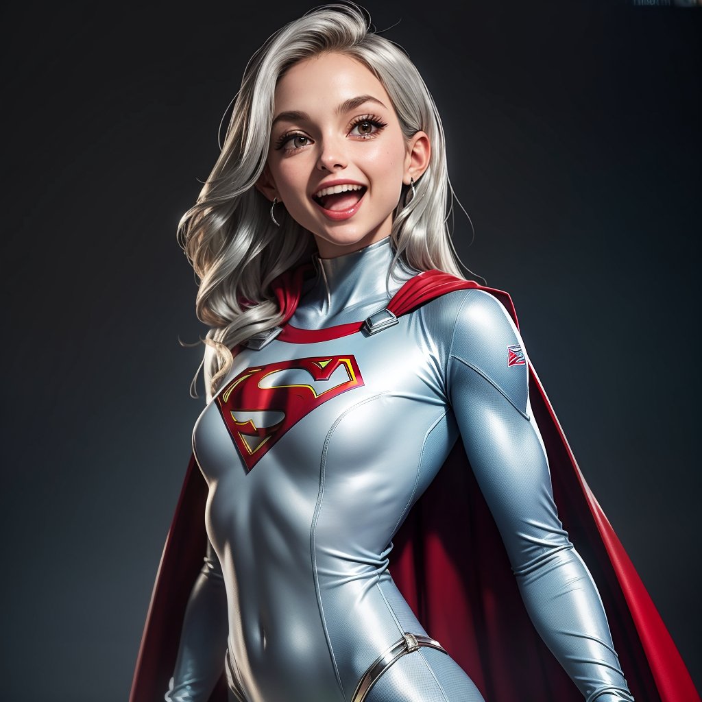 Supergirl, (((silver bodysuit))), laughing