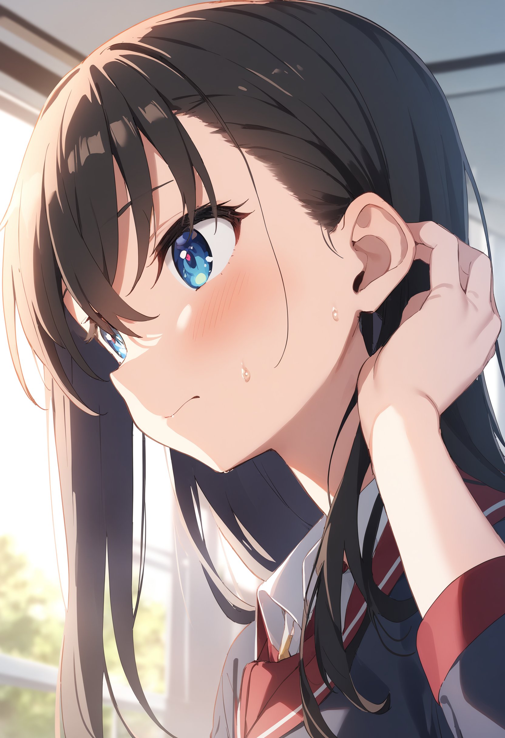 1girl,sincos, ningen mame, toosaka asagi,solo,medium breasts,school uniform,tucking hair, tucking hair, hand up, hair tucking, hand in hair, adjusting hair,<lora:tuckinghair_XL_v1:0.7>from behind, portrait, looking ahead, water eye, western-style room, closed mouth,best quality, very aesthetic, absurdres,