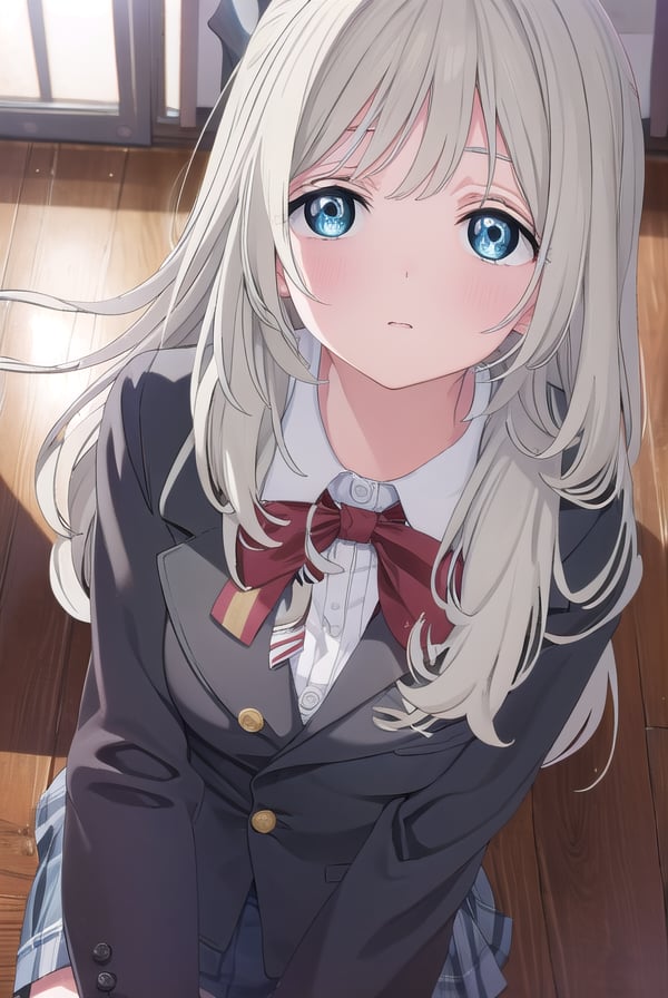 hotaruhiraiwa, <lora:hotaru hiraiwa s1-lora-nochekaiser:1>,hotaru hiraiwa, long hair, bangs, blue eyes, grey hair,BREAK skirt, long sleeves, school uniform, jacket, socks, black skirt, two side up, black jacket, kneehighs, blazer, black socks, bow, bowtie, stripped, stripped bowtie,BREAK indoors, classroom,BREAK looking at viewer, (cowboy shot:1.5),BREAK <lyco:GoodHands-beta2:1>, (masterpiece:1.2), best quality, high resolution, unity 8k wallpaper, (illustration:0.8), (beautiful detailed eyes:1.6), extremely detailed face, perfect lighting, extremely detailed CG, (perfect hands, perfect anatomy),