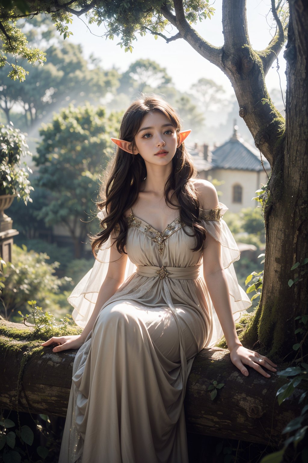era elf,(giant elves sit on the treetops:1.2),enchanting beauty,(fantasy),(elf mother tree),(world tree),ethereal glow,pointed ears,delicate facial features,long elegant hair,mystical ambiance,soft lighting,tranquil expression,harmonious with nature,subtle magical elements,serene,dreamlike quality,pastel colors,(castle)