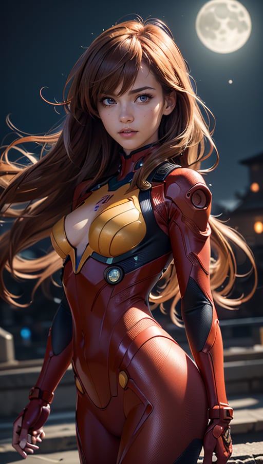 (best quality, masterpiece, colorful, dynamic angle, highest detailed)(Asuka Langley), upper body photo, fashion photography of cute red long hair girl (Asuka Langley), dressing high detailed Evangelion red suit (high resolution textures), in dynamic pose, bokeh, (intricate details, hyperdetailed:1.15), detailed, moonlight passing through hair, perfect night, (fantasy art background), (official art, extreme detailed, highest detailed), HDR+