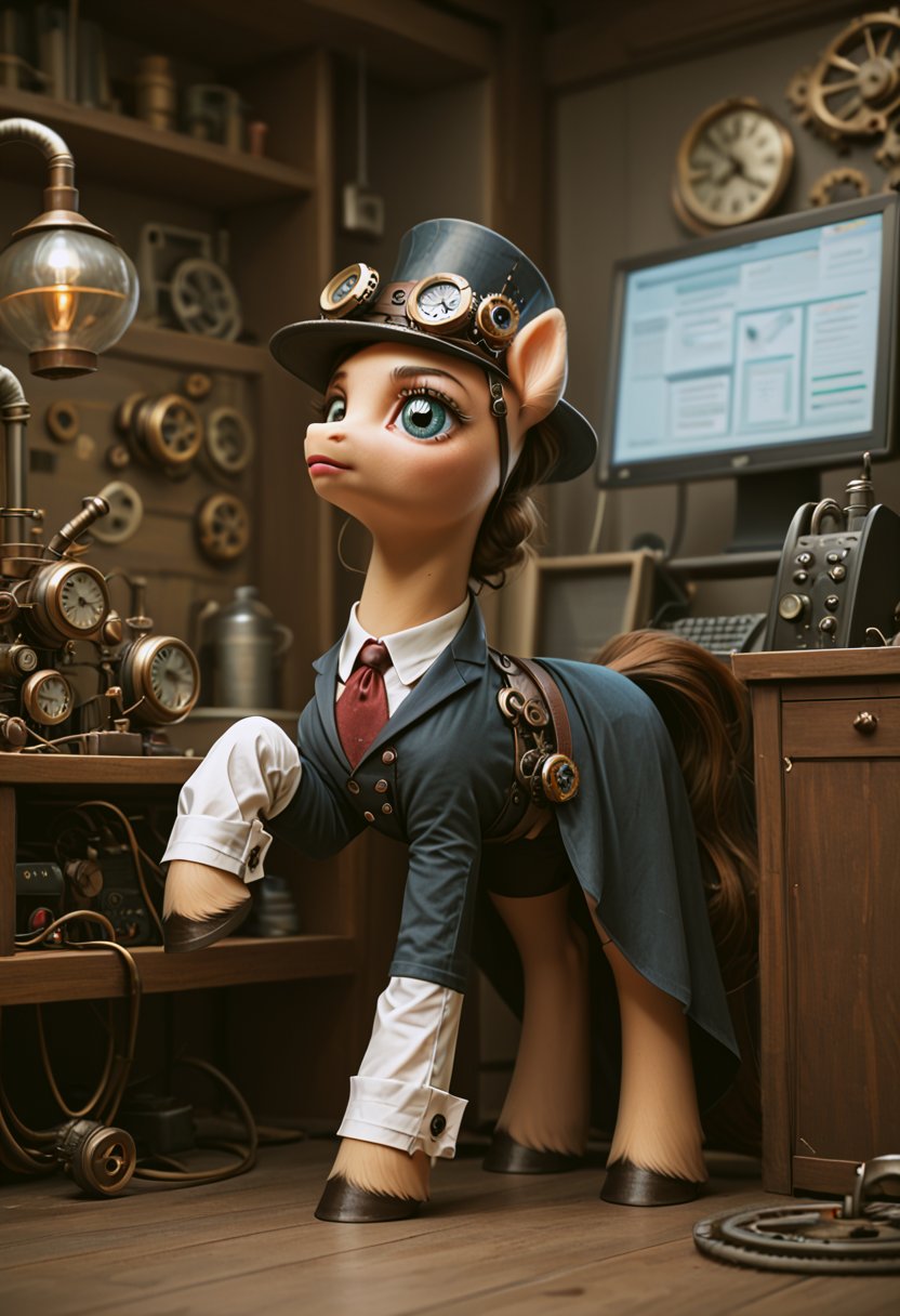 score_9, score_8_up, score_7_up,source_pony,a feral pony working in a tech lab, steampunk computer,steampunk,detailed background, <lora:Steampunk_Pony:1>